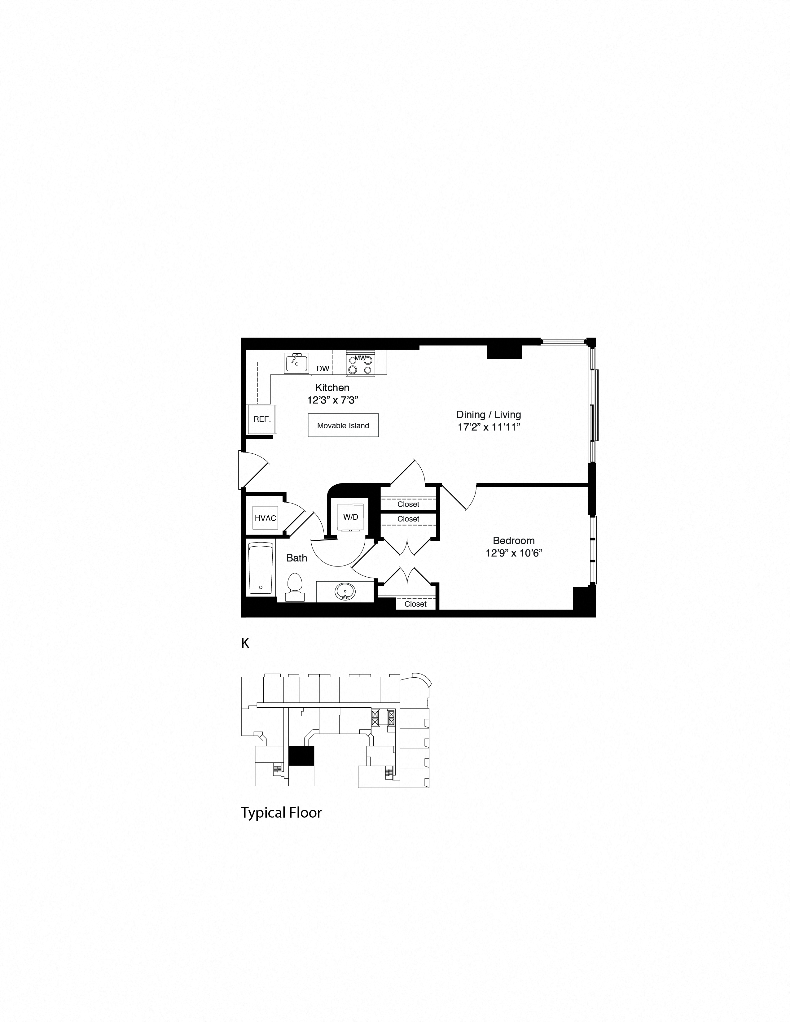 Floor plan for 1 bed, 1 bath, 718 sqft